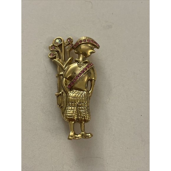 Vintage Golfer Pin Brooch Pink Stones J27 - Picture 1 of 2